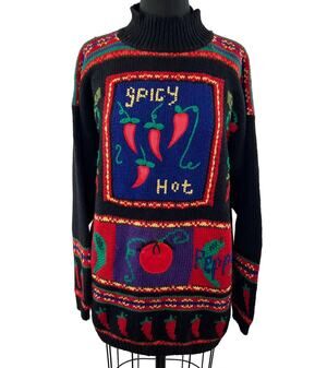 VINTAGE Karen Scott HandKnit SPICY HOT Black Long Sleeve Mock Pullover Sweater L